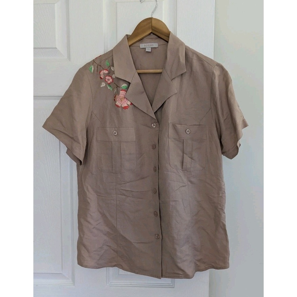 Vtg Short Sleeve Button Up Shirt Tan Floral Embroidered Sequin Linen Blend Sz L
